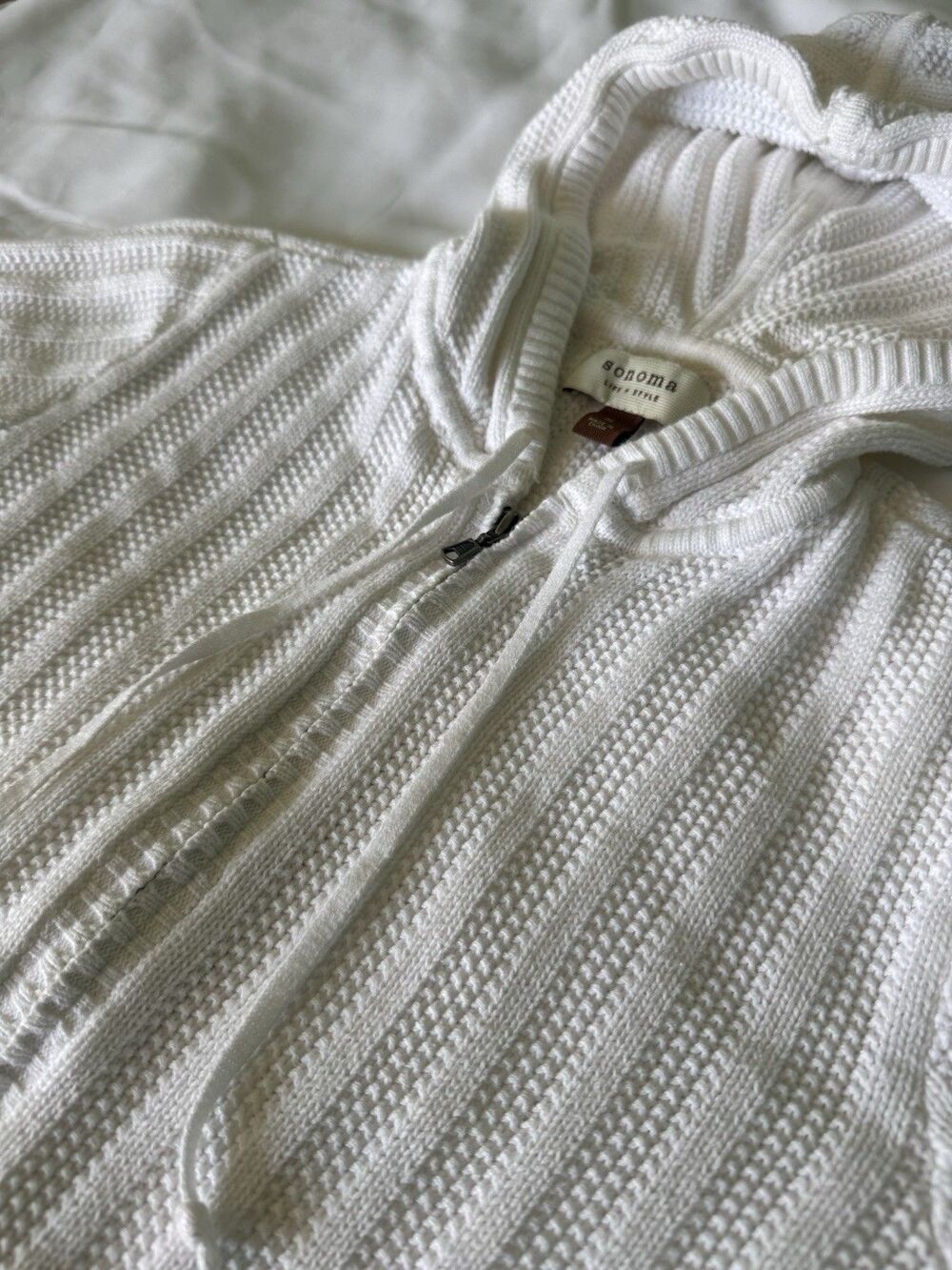 Sonoma White Cotton Hooded Zip Sweater Short Sleeve Knit M - Picture 5 of 7